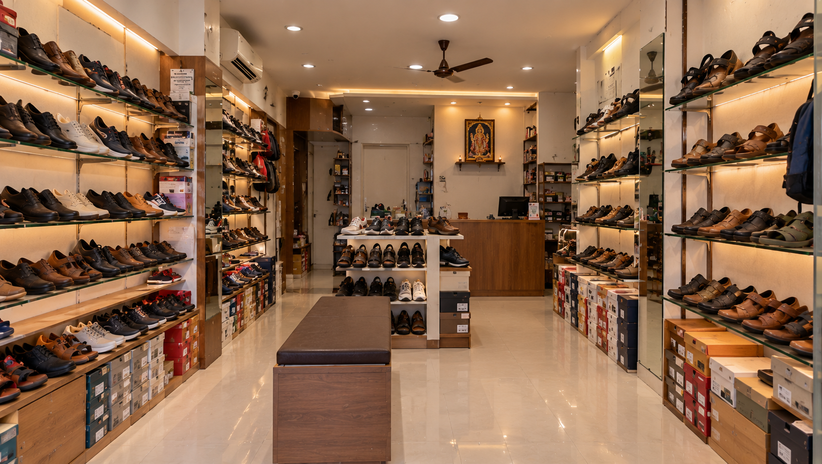 Modular Retail Footwear Store Interior with Backlit Shelves