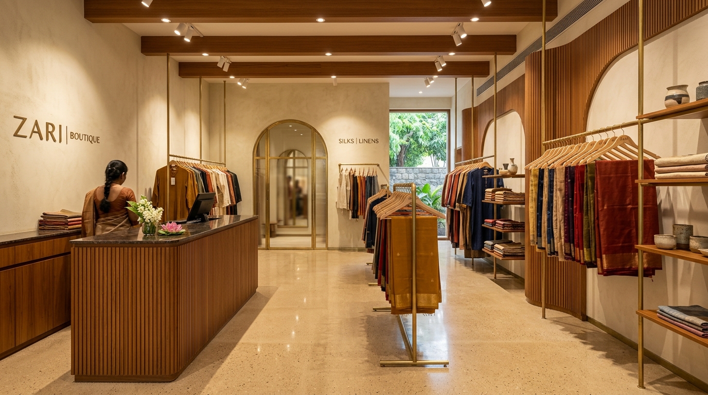 Modern Textile and Saree Boutique Showroom with Fluted Wood Cash Counter