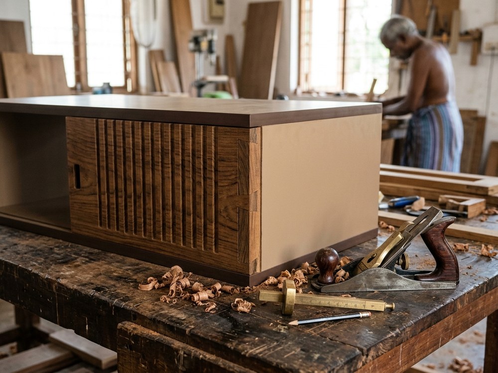 Artisan master carpentry joinery and solid timber fluting in workshop