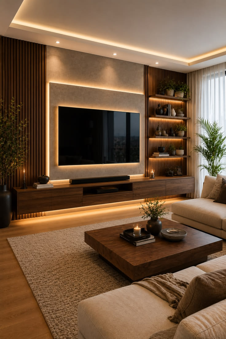 Fluted Timber Louver TV Unit with Halo Illumination