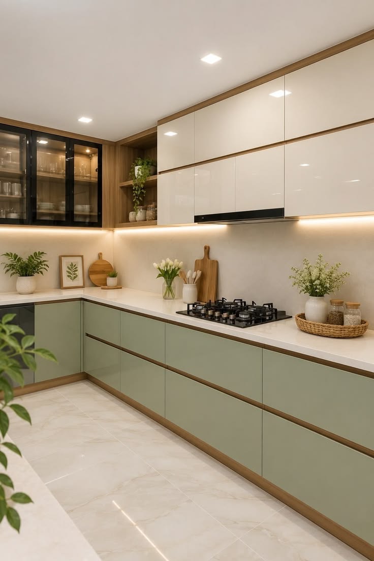 Mint Green & Gloss White Modular Kitchen with Quartz Counter