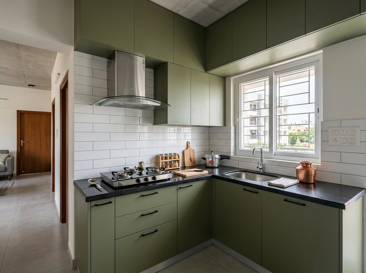 Compact L-Shaped Olive Kitchen