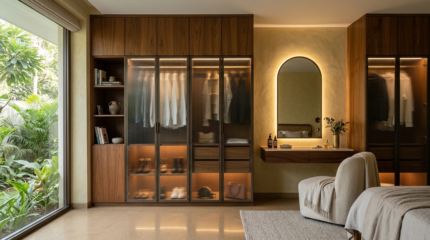Floor-to-Ceiling Teak & Reeded Glass Wardrobes with Integrated Vanity