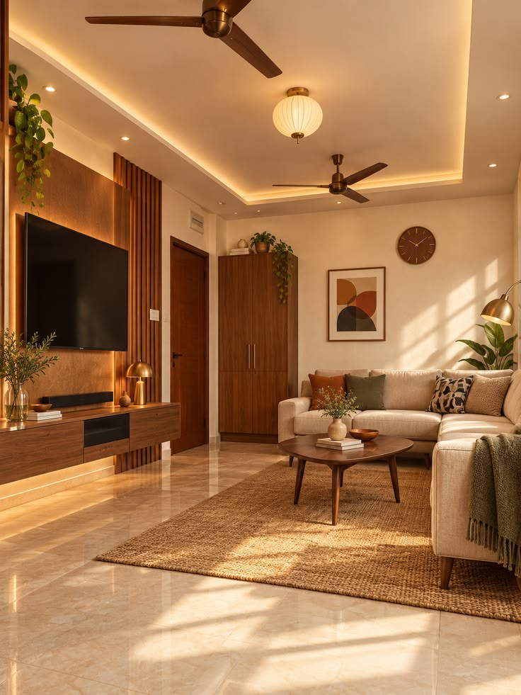 Warm Wood Panelling Living Hall by Modern Interior