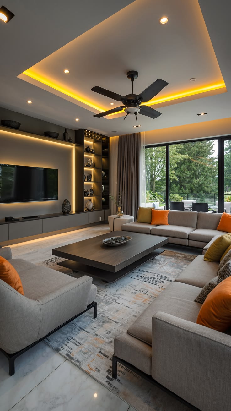 Contemporary Living Room with Floating Console and Backlit Shelves
