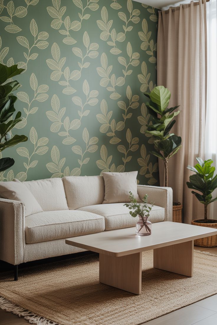 Sage Green Botanical Wallpaper Accent Wall with Boucle Sofa